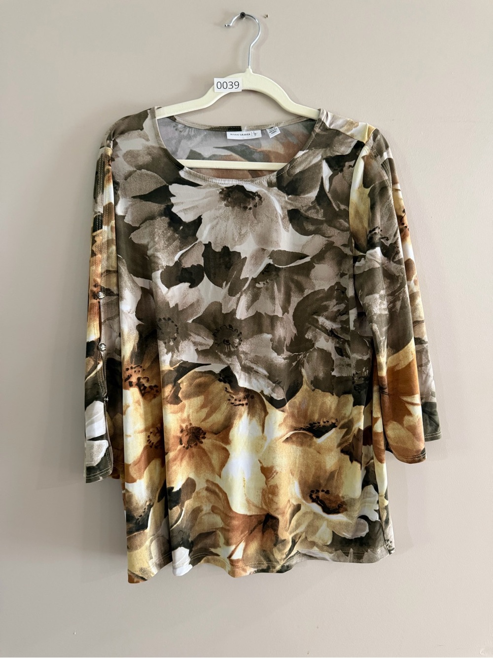Susan Graver Floral Print Long Sleeve Tunic in Brown and Yellow